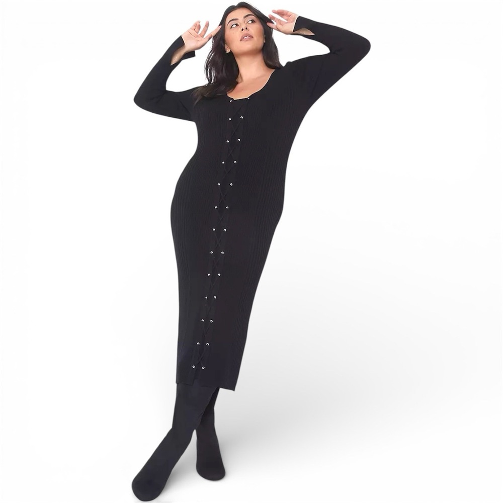 Lane Bryant‎ Sweater Dress 18/20 Midi Black Long-Sleeve V-Neck Lace-Up Front